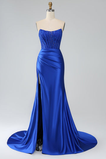 Royal Blue Mermaid senza spalline lungo corsetto Abito Da Cerimonia con fessura
